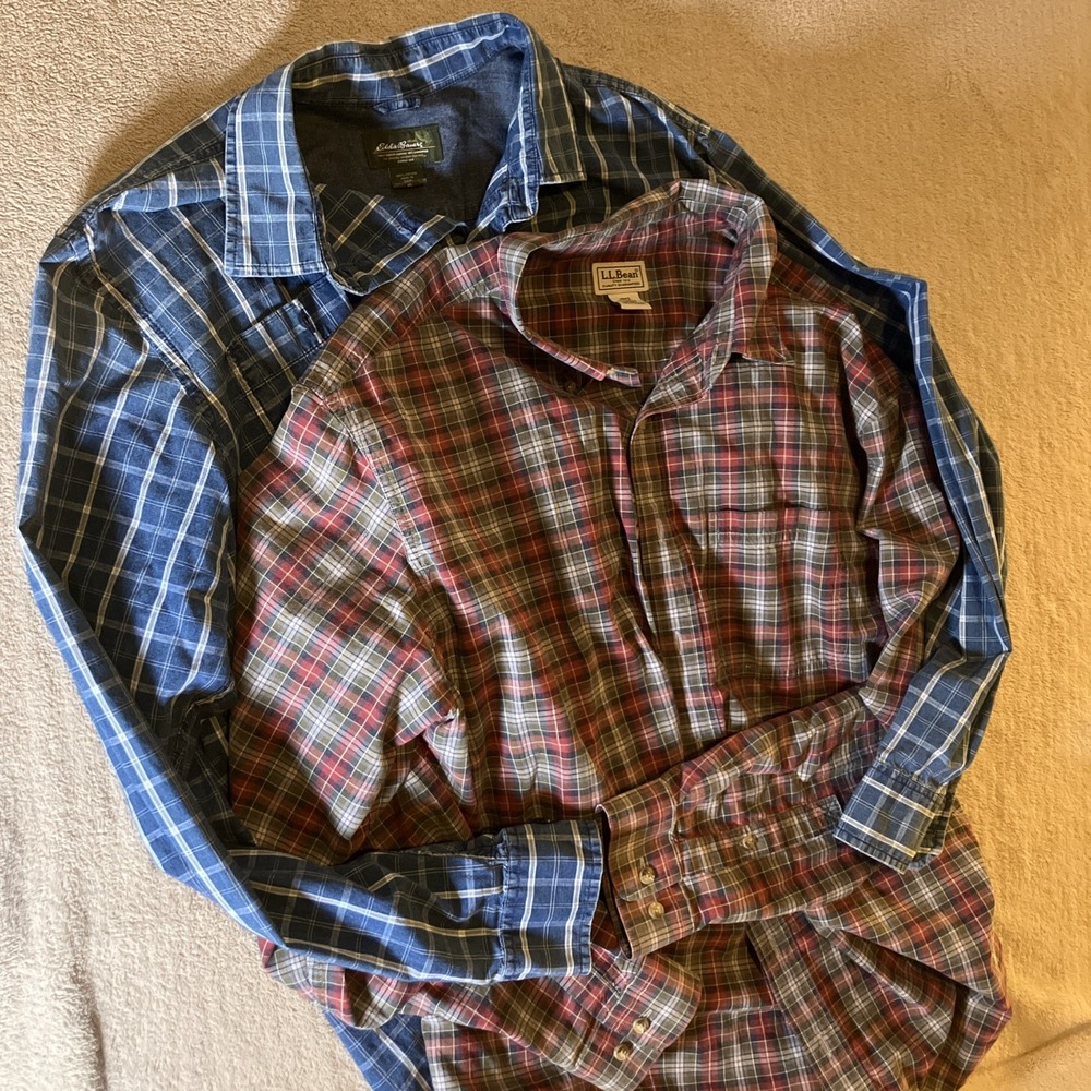 VTG Men Long Sleeve Button Collard‎ Shirt Sz XLT Christmas 2 Pc. Bundle LL Bean